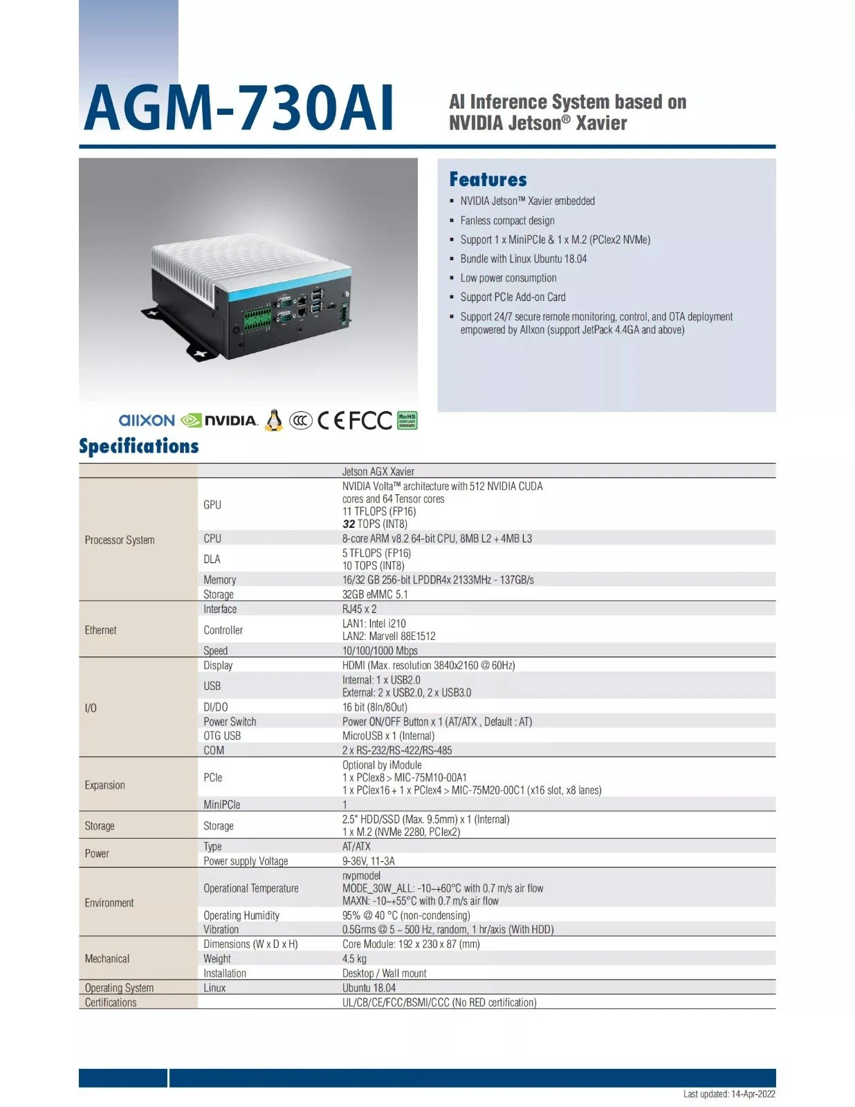AGM-730AI 16/32 GB Jetson Xavier-Based Industrial Fanless Mini Pc
