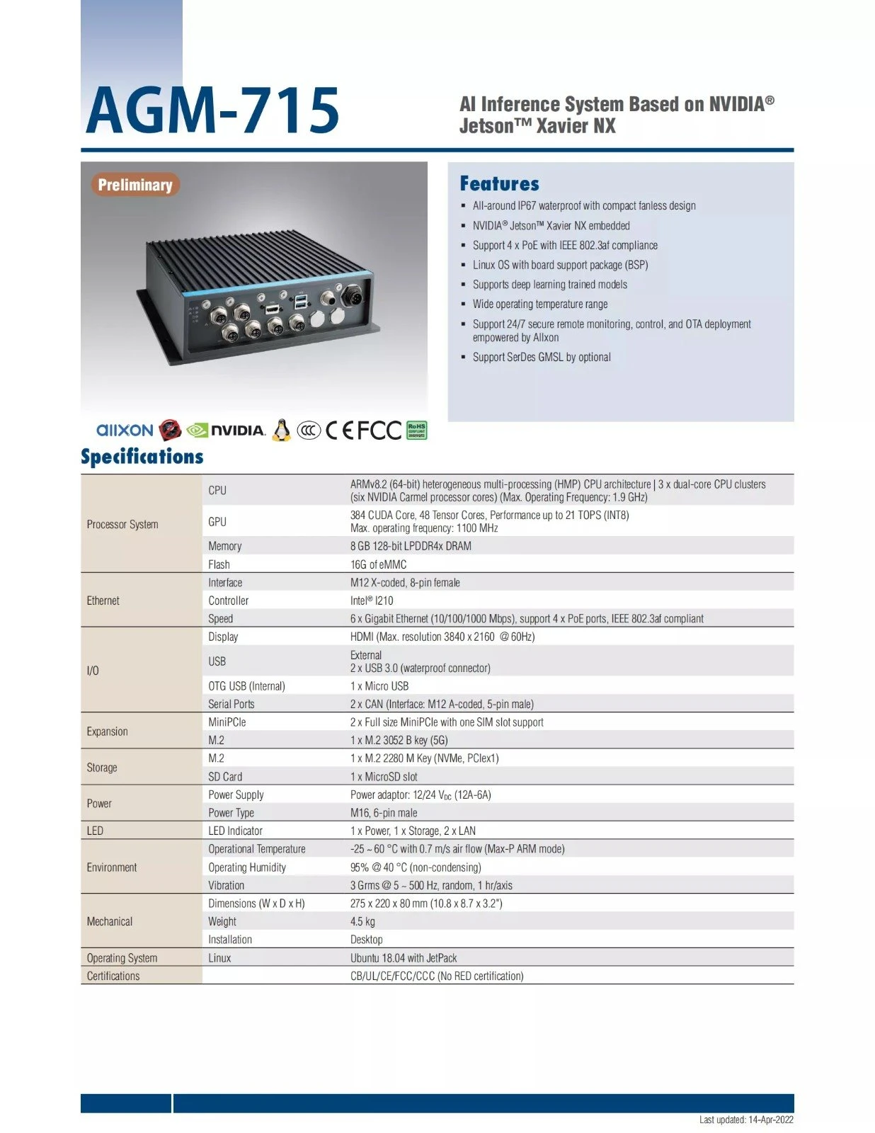 AGM-715 8GB Jetson Xavier NX-Based Industrial Fanless Mini Pc