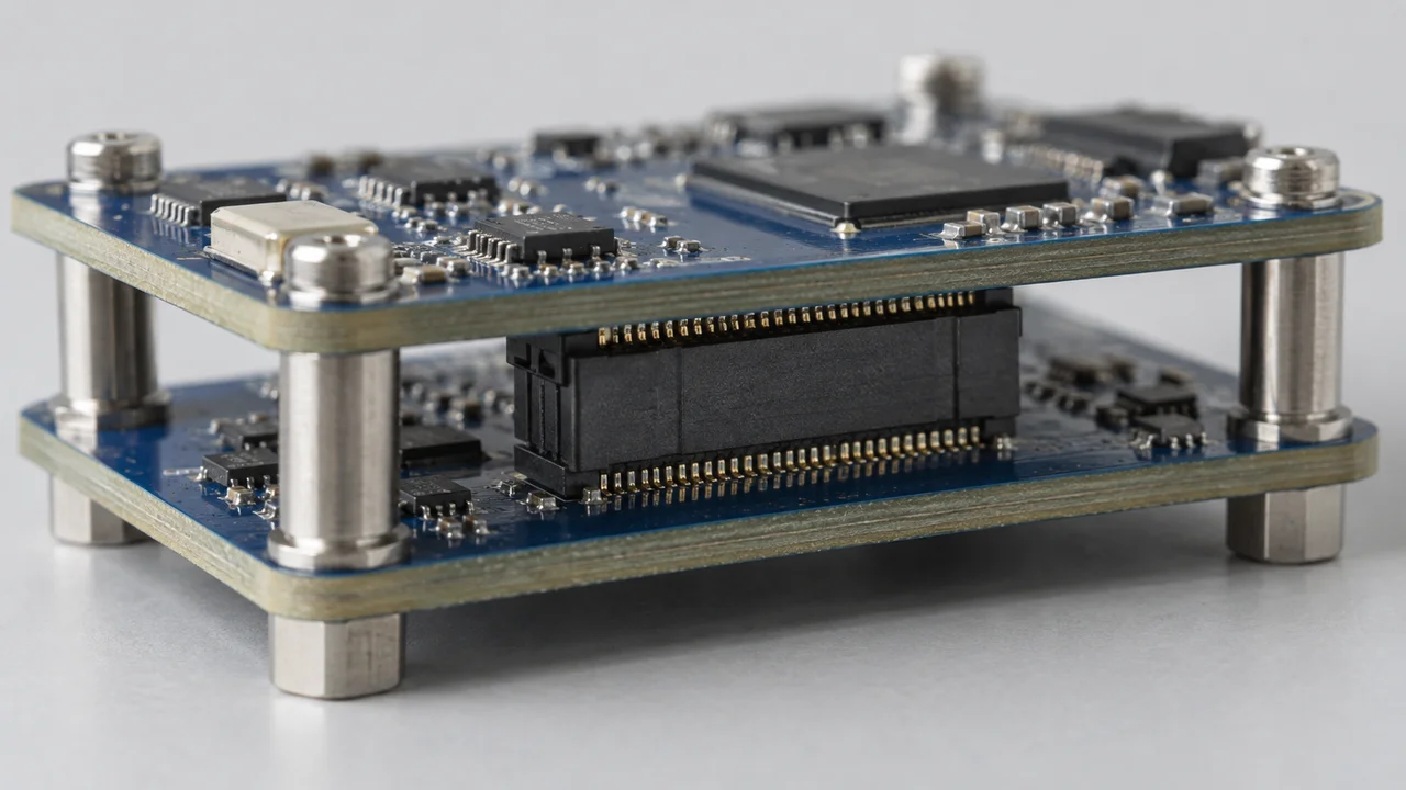 Illustration of stacked circuit boards with a mezzanine connector and mechanical supports
