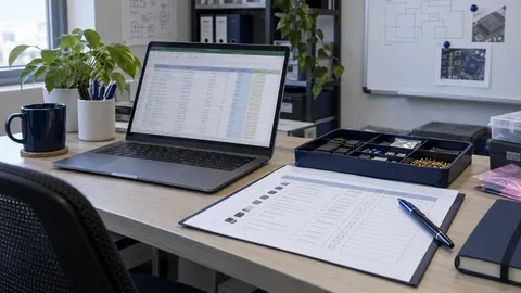 Illustration of a BOM spreadsheet, checklist and component samples on a desk
