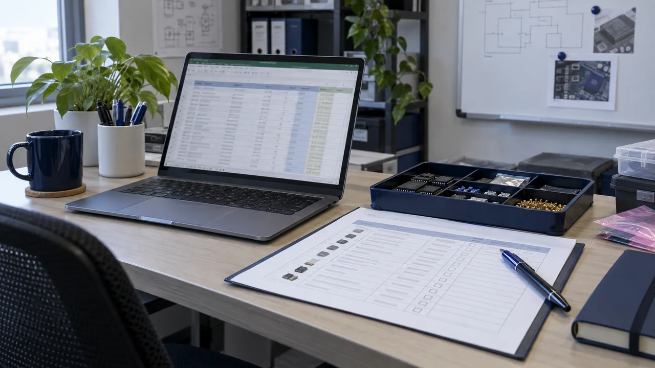 Illustration of a BOM spreadsheet, checklist and component samples on a desk