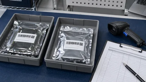 Illustration of separately packaged components with labels, a scanner and records