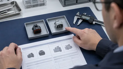 Illustration of two different connector samples being compared with drawings