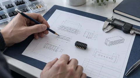 Illustration of a connector sample beside a dimensional drawing and caliper