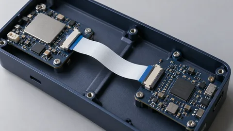 Illustration of flexible cable routing between circuit boards inside an enclosure
