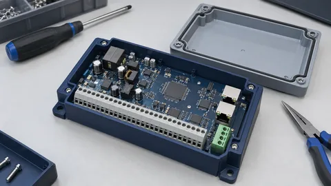 Illustration of an opened industrial control module with a circuit board and terminal blocks