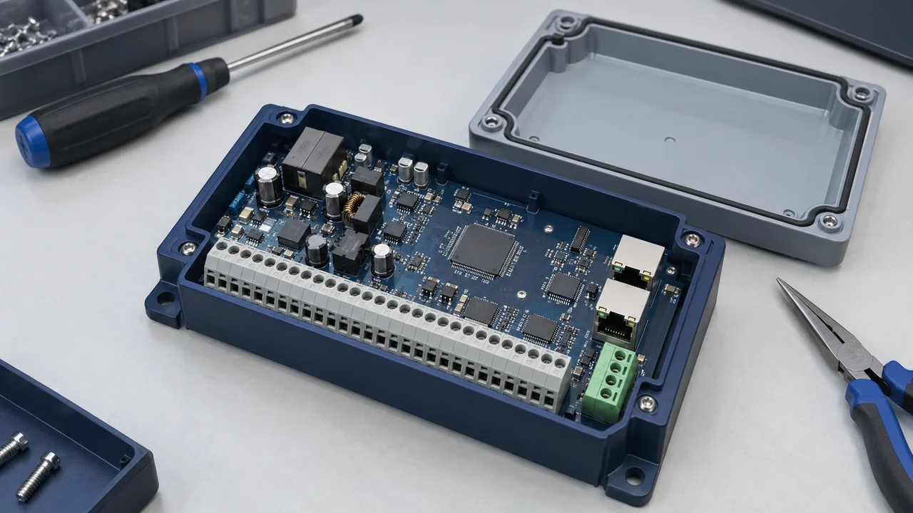 Illustration of an opened industrial control module with a circuit board and terminal blocks