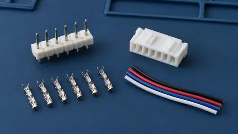 Illustration of a board header, housing, loose contacts and insulated wires