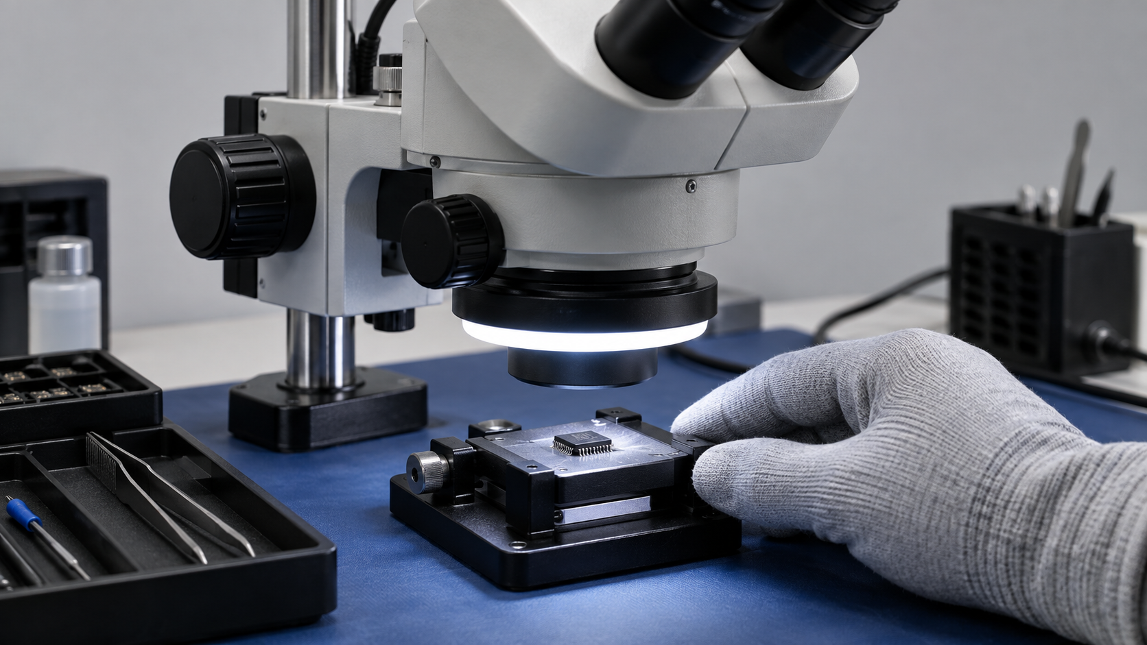Illustrative microscope visual inspection of an integrated circuit