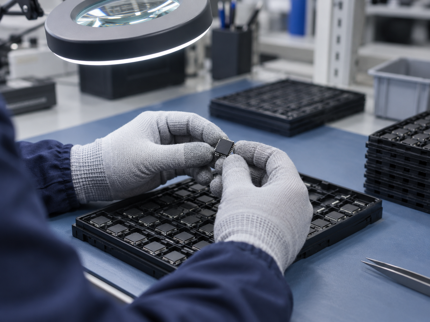Illustrative view of a gloved operator visually checking an integrated circuit above component trays