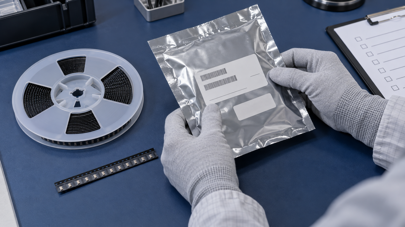 Illustrative packaging and label inspection with a component reel and antistatic bag